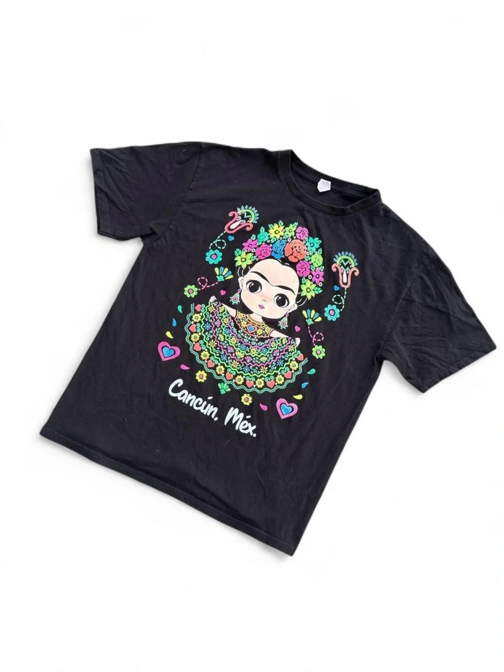 Frida Kahlo Cancun Mexico Graphic Tee Black Folk Art Floral Design